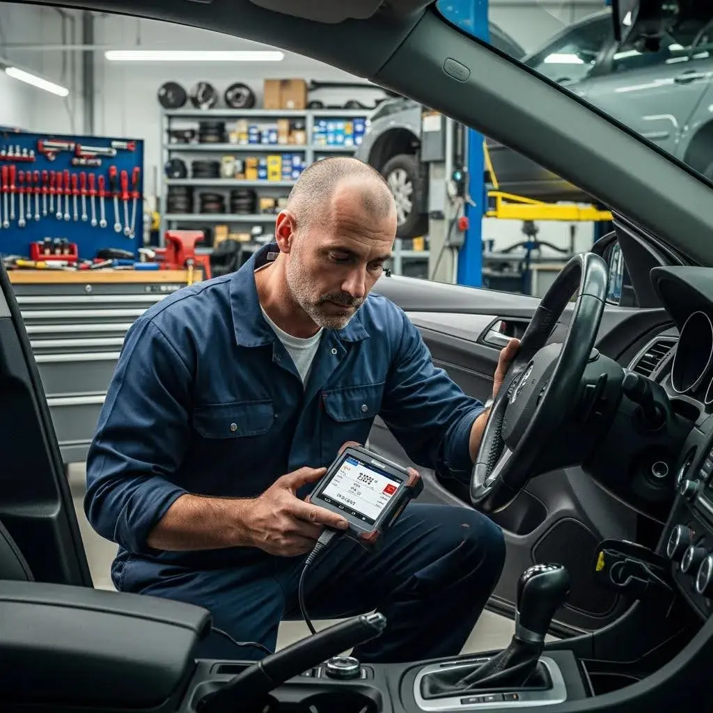 A technician using an OBD-II scanner to run a diagnostic in a workshop