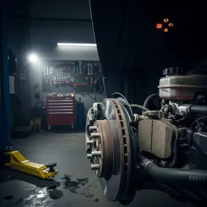 Brake components close-up with brake warning light illuminated on the dashboard