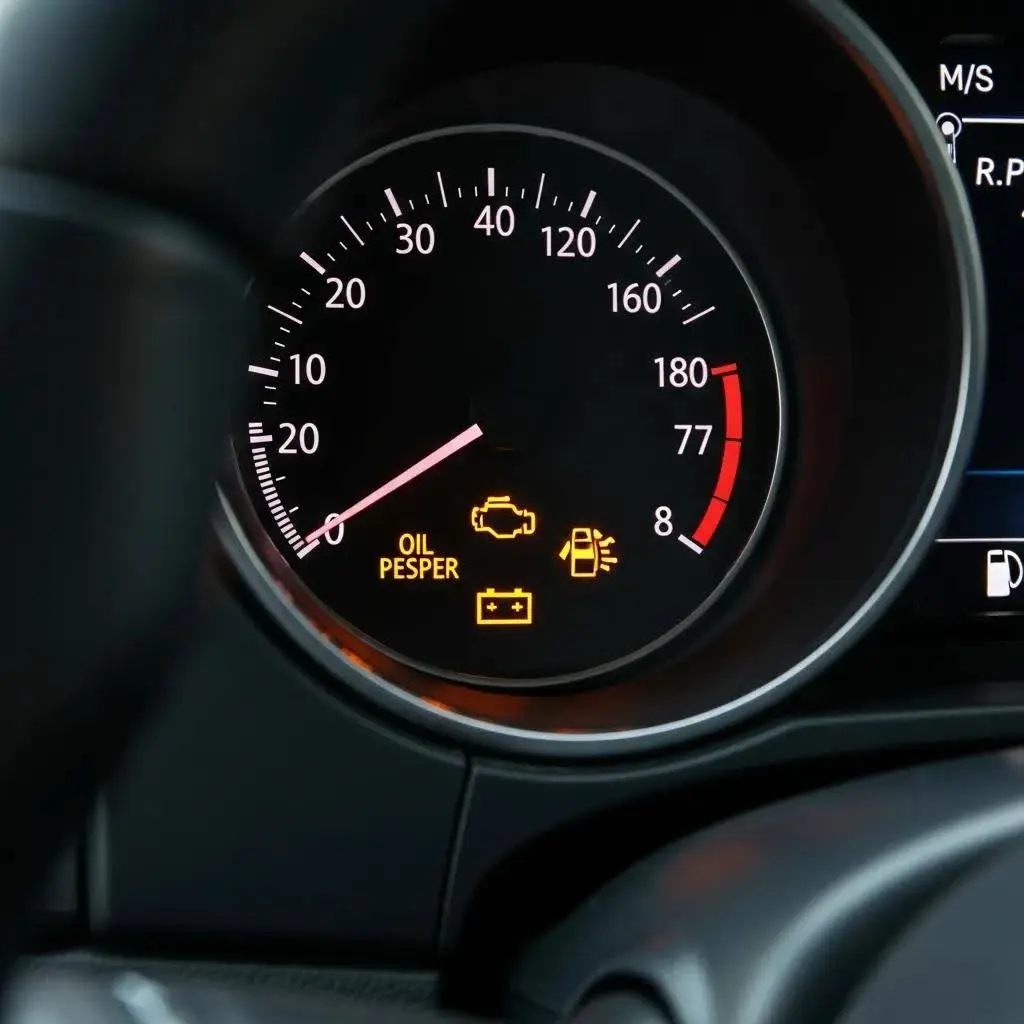 Car dashboard showing illuminated warning lights check engine, oil pressure and battery