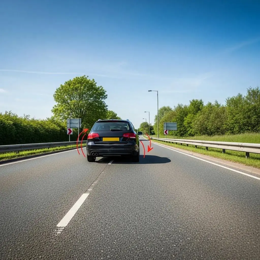 Car drifting to one side on a road — a common steering and tyre issue