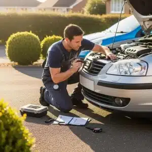Car owner performing simple pre‑MOT checks on a vehicle at home