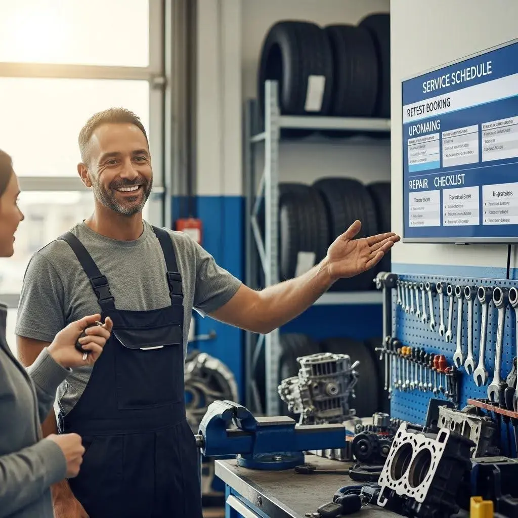 Customer discussing a retest and repair with a mechanic at a Tonbridge garage