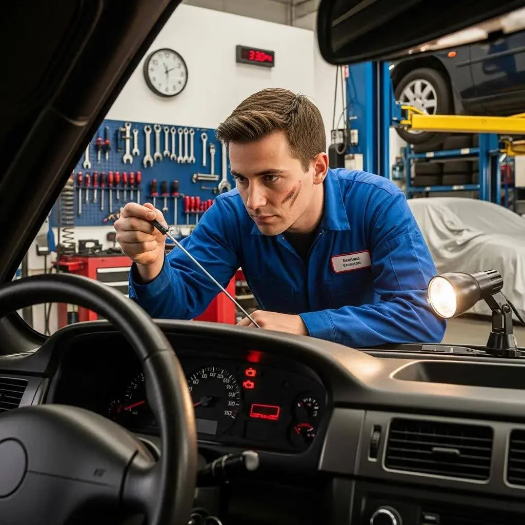 Mechanic checking engine oil level with oil pressure warning light visible on dashboard
