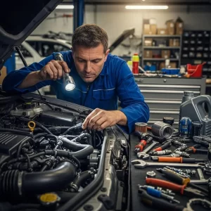 Mechanic inspecting engine components during a physical diagnostic check