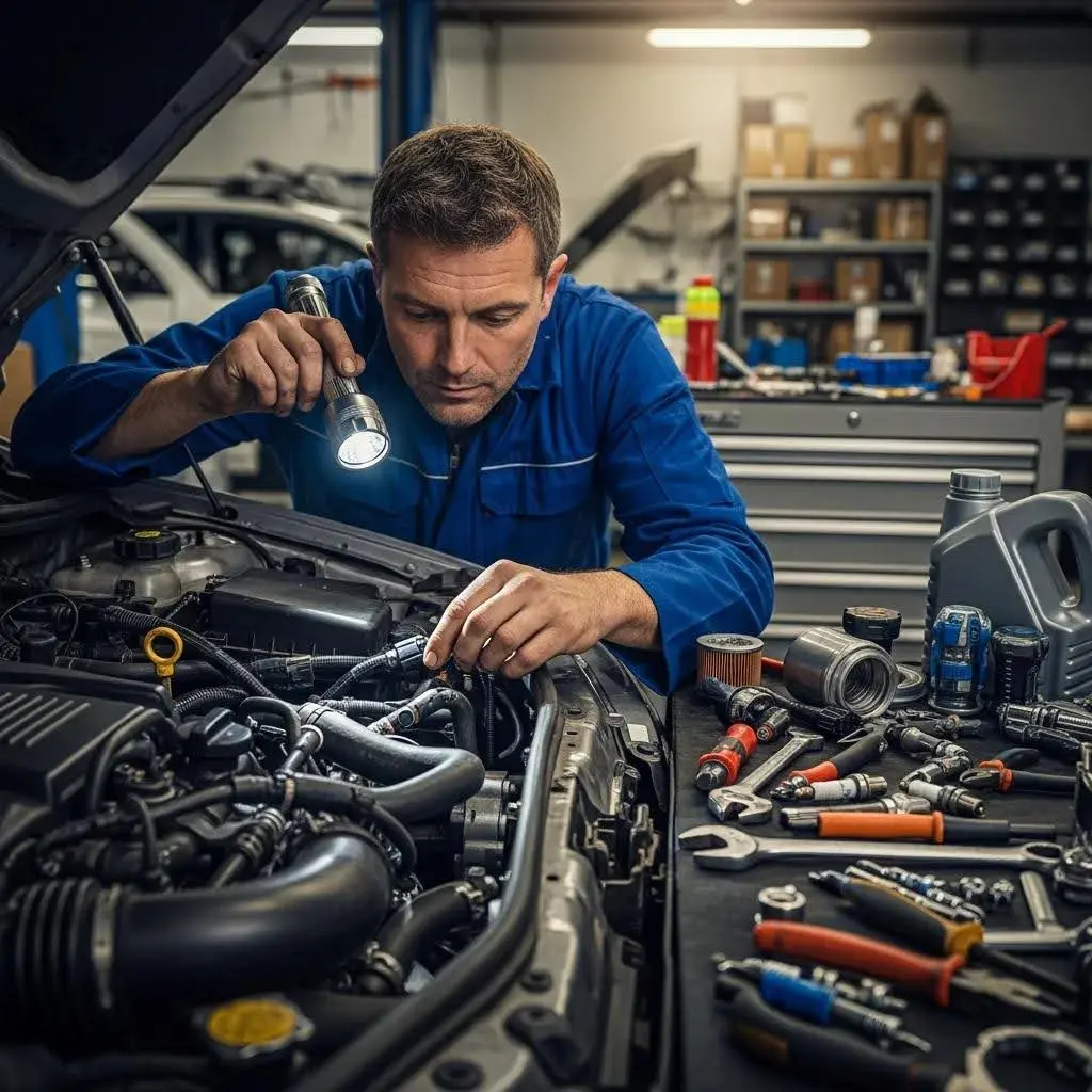 Mechanic inspecting engine components during a physical diagnostic check