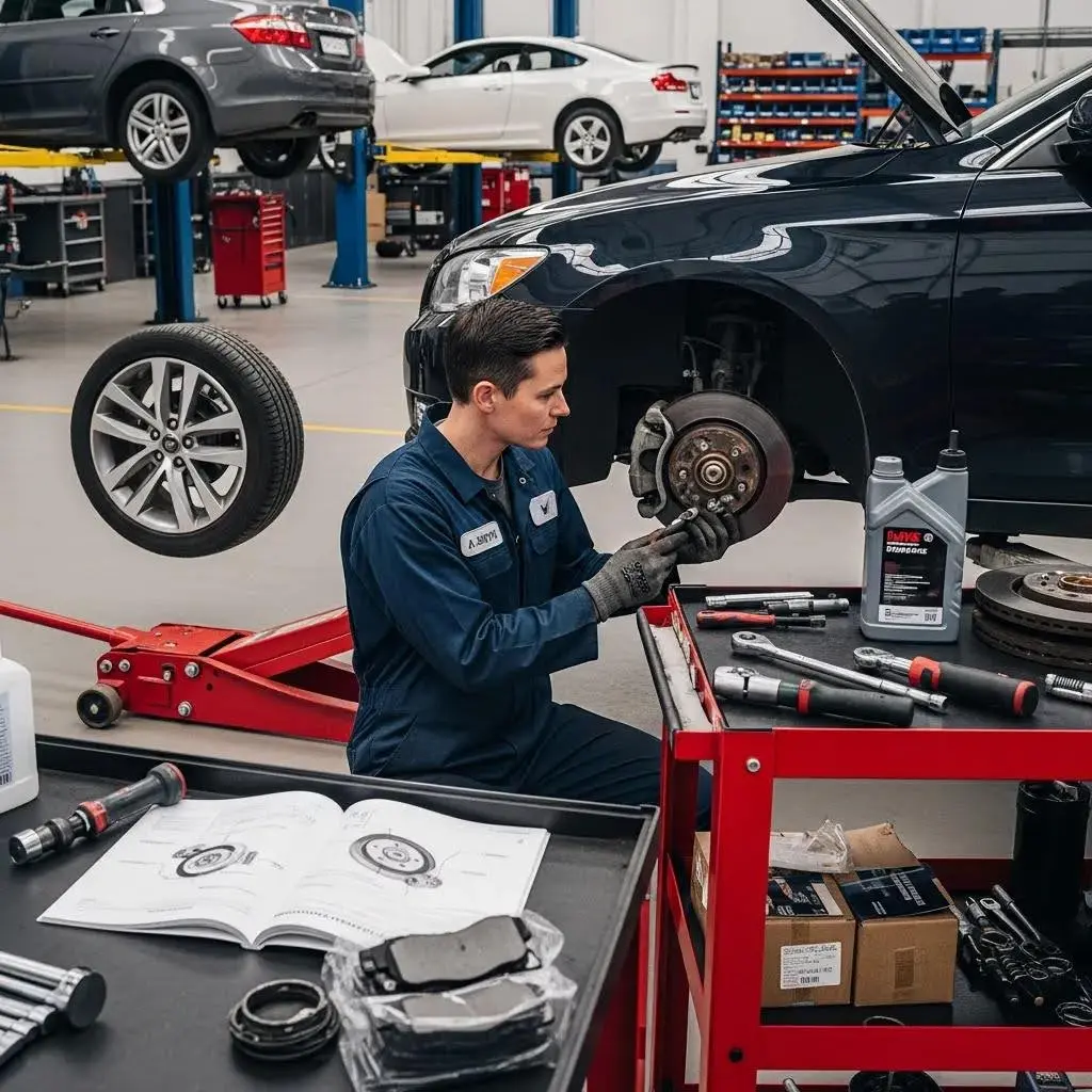 Mechanic working on a car in a garage after an MOT fail