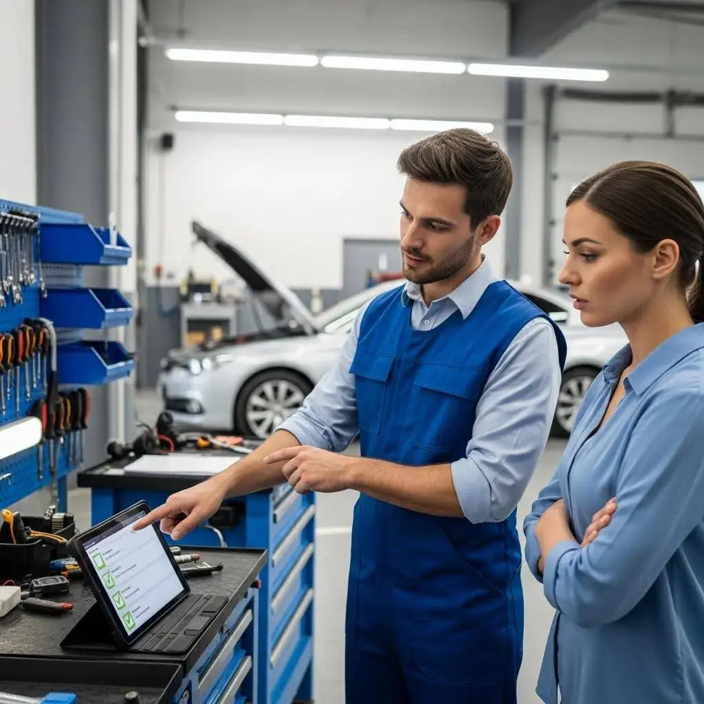 Technician discussing vehicle symptoms with a customer in the workshop