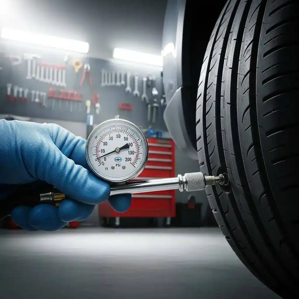 Tyre pressure gauge being used in a garage — check pressures regularly