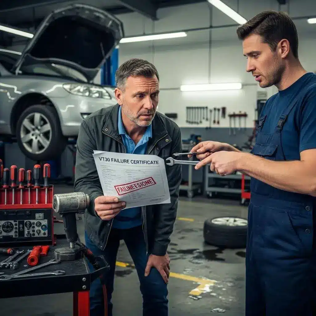 Vehicle owner and mechanic checking a VT30 MOT failure certificate in a garage