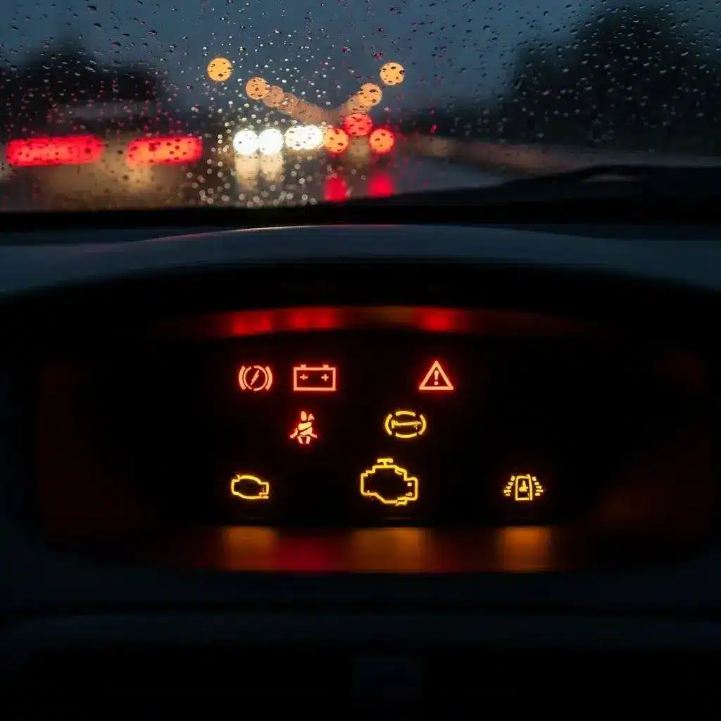 Warning lights on a dashboard showing potential dangerous faults